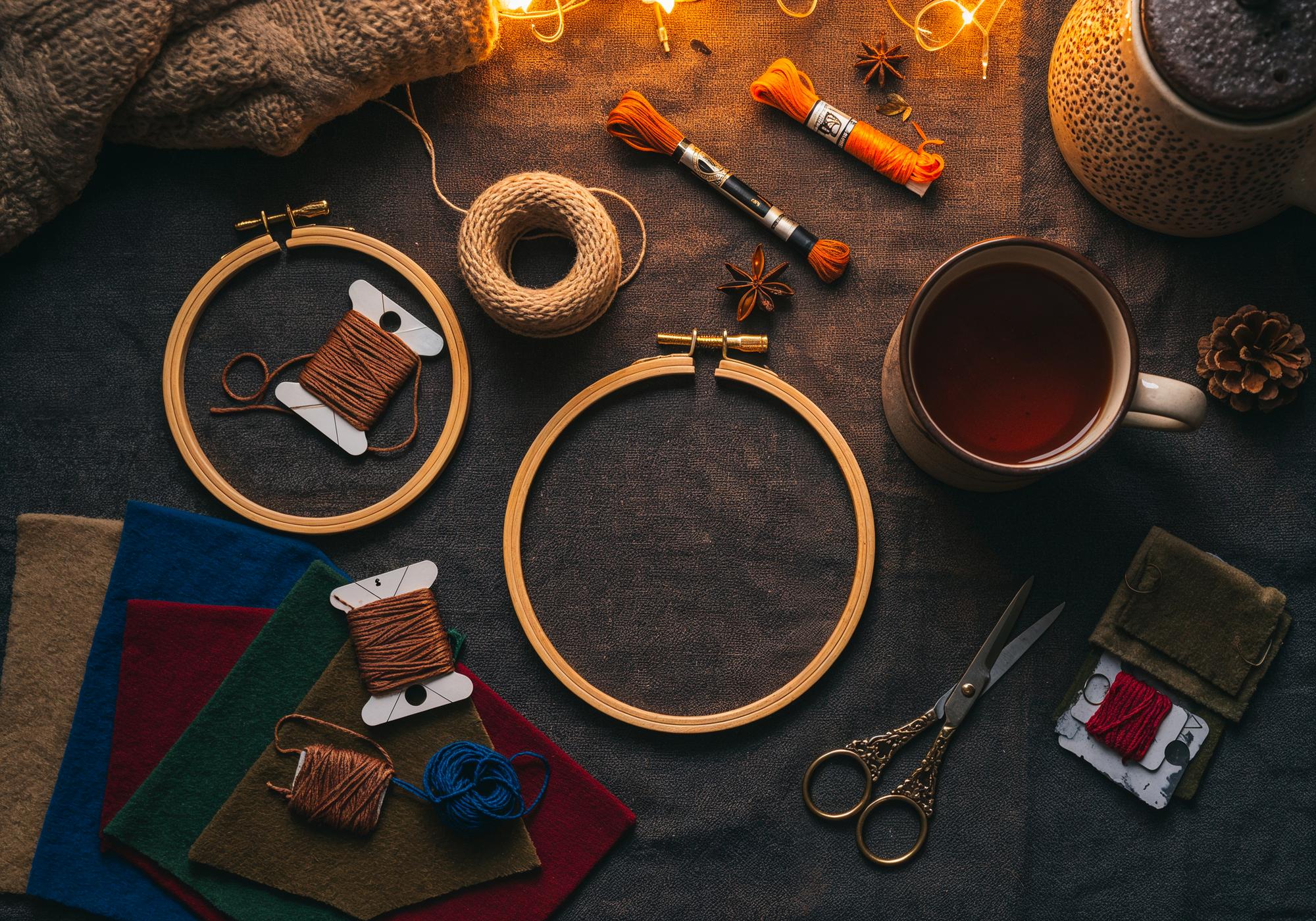 atelier workspace with embroidery hoop
