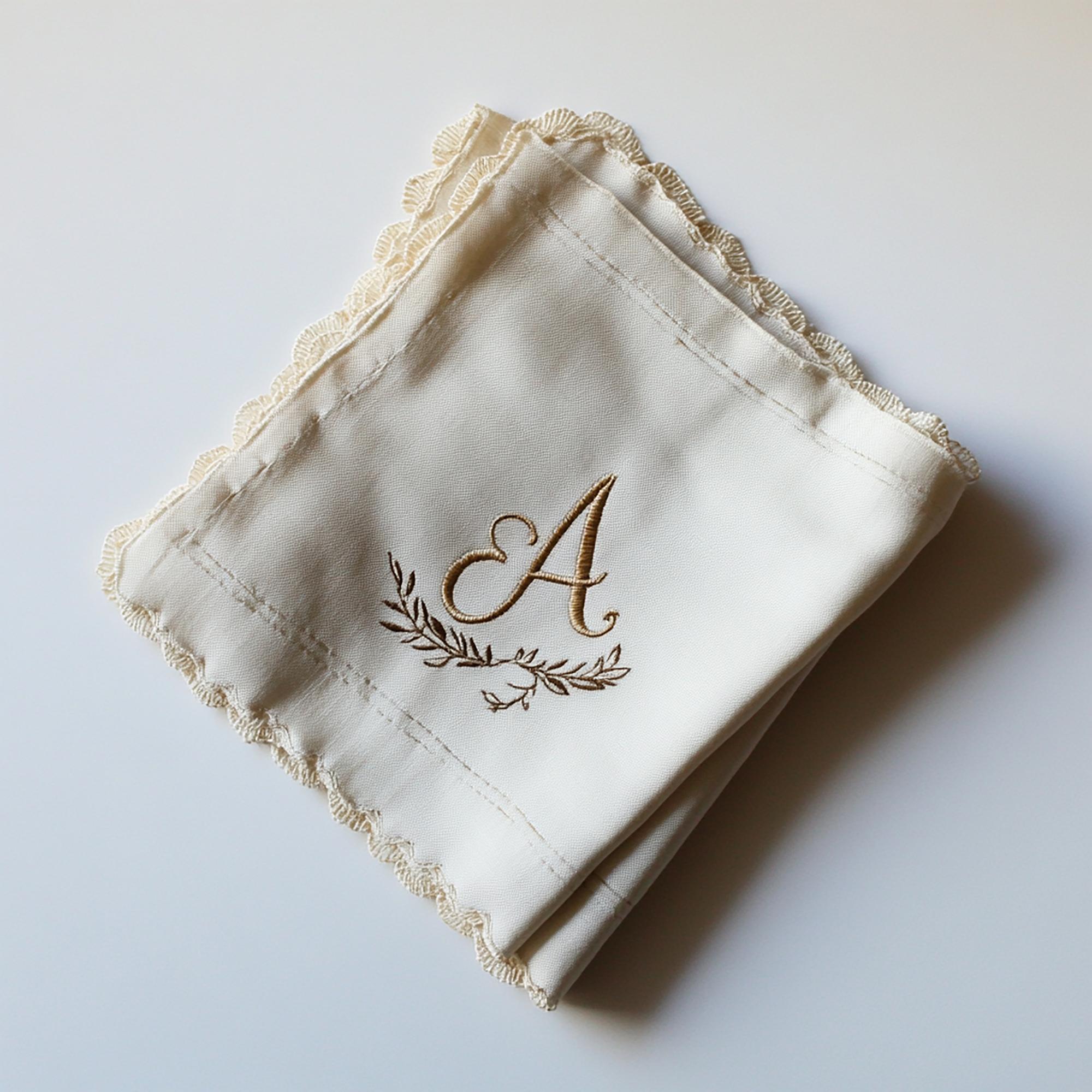 embroidered initial on linen handkerchief